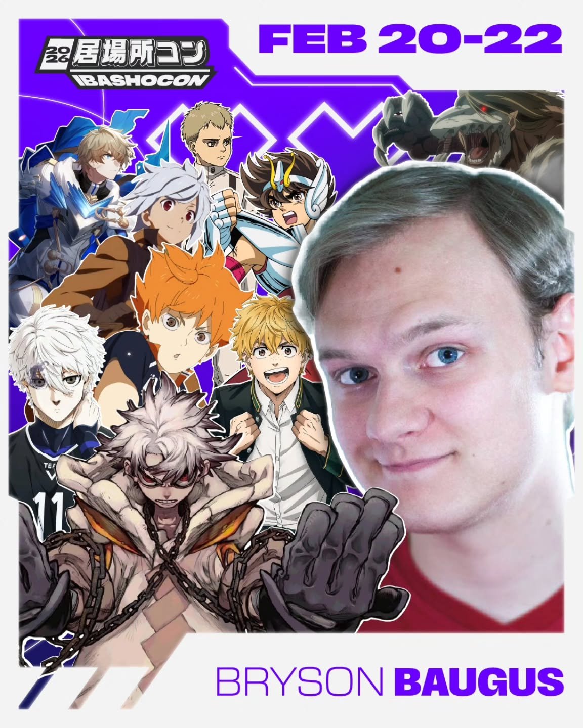 Straight from the Sphere himself, our next voice actor announcement is Bryson Baugus!

Bryson Baugus is a voice actor, singer, and stage actor based out of Dallas, Texas.

 He is known for voicing many roles in anime and video games such as Shoyo Hin