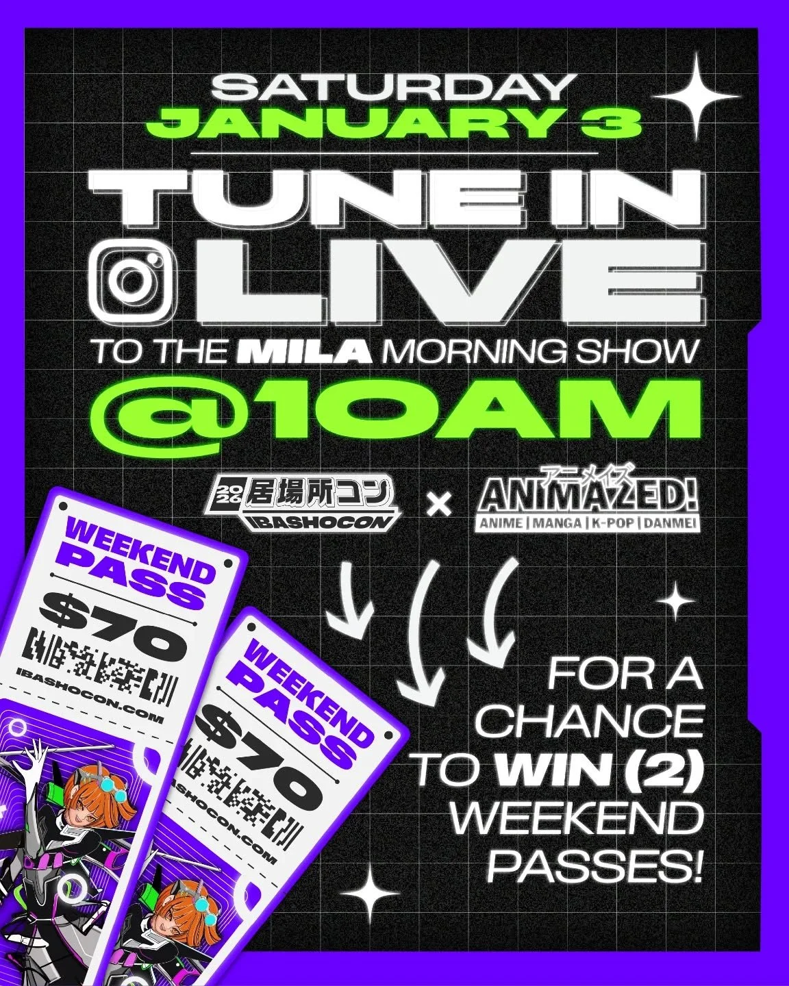Hey IbashoFam!
Do you want free tickets to your favorite convention? Of course you do! Tune in to the Animazed MILA Morning Show live THIS SATURDAY 1/3 at 10 AM for a chance to win (and maybe study up on some of our guests)!!!

We can&rsquo;t wait to