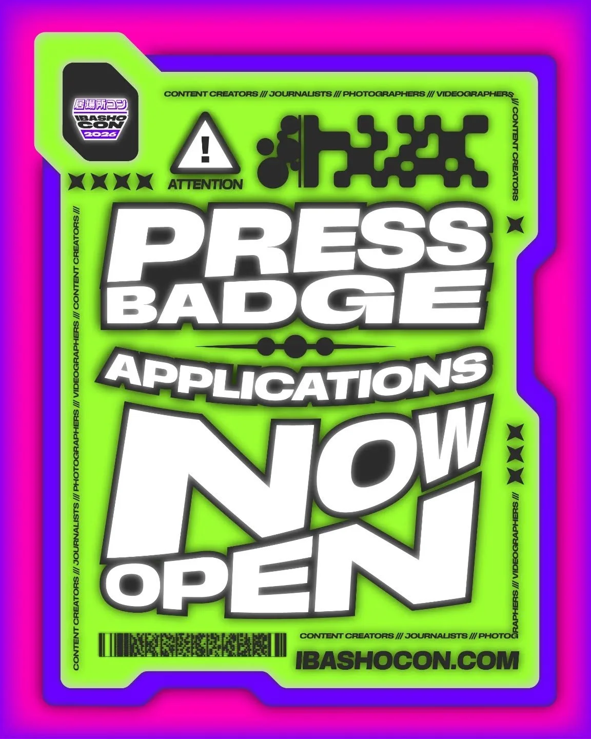 Attention IbashoFam Creators and Media Teams!!!!

If you want to cover IbashoCon in any content or for any organization, our Press Badge Applications are now open! We&rsquo;d love for you all to come out and spread the great word of IbashoCon, and we