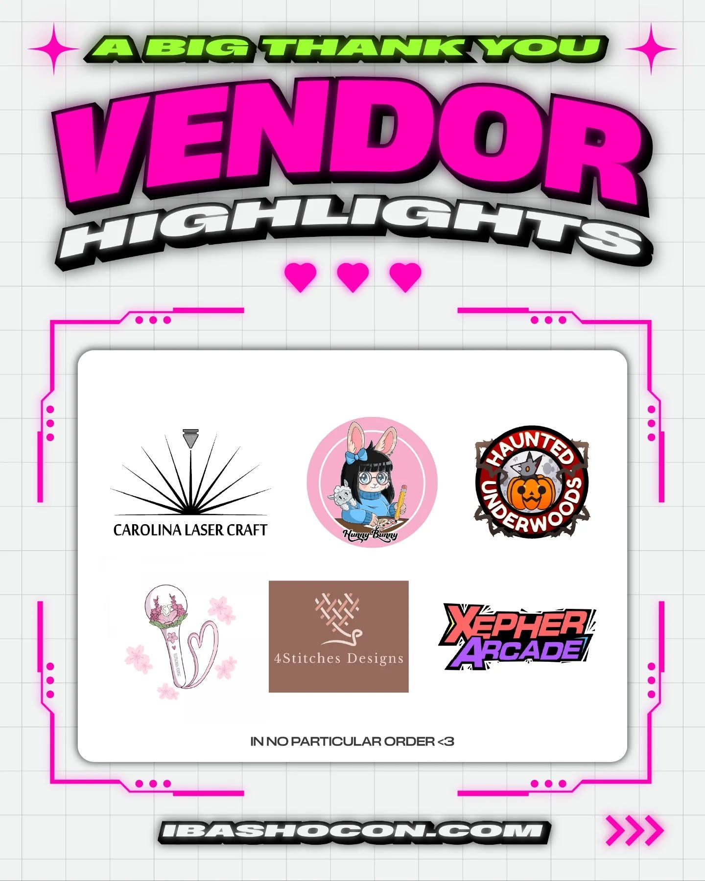 Let&rsquo;s give a hand to all our artists and vendors! We couldn&rsquo;t have put on as good of a show without all our exhibitors, from the artist alley to the vintage goods, and everything in between.

Please help us shout out all of these wonderfu