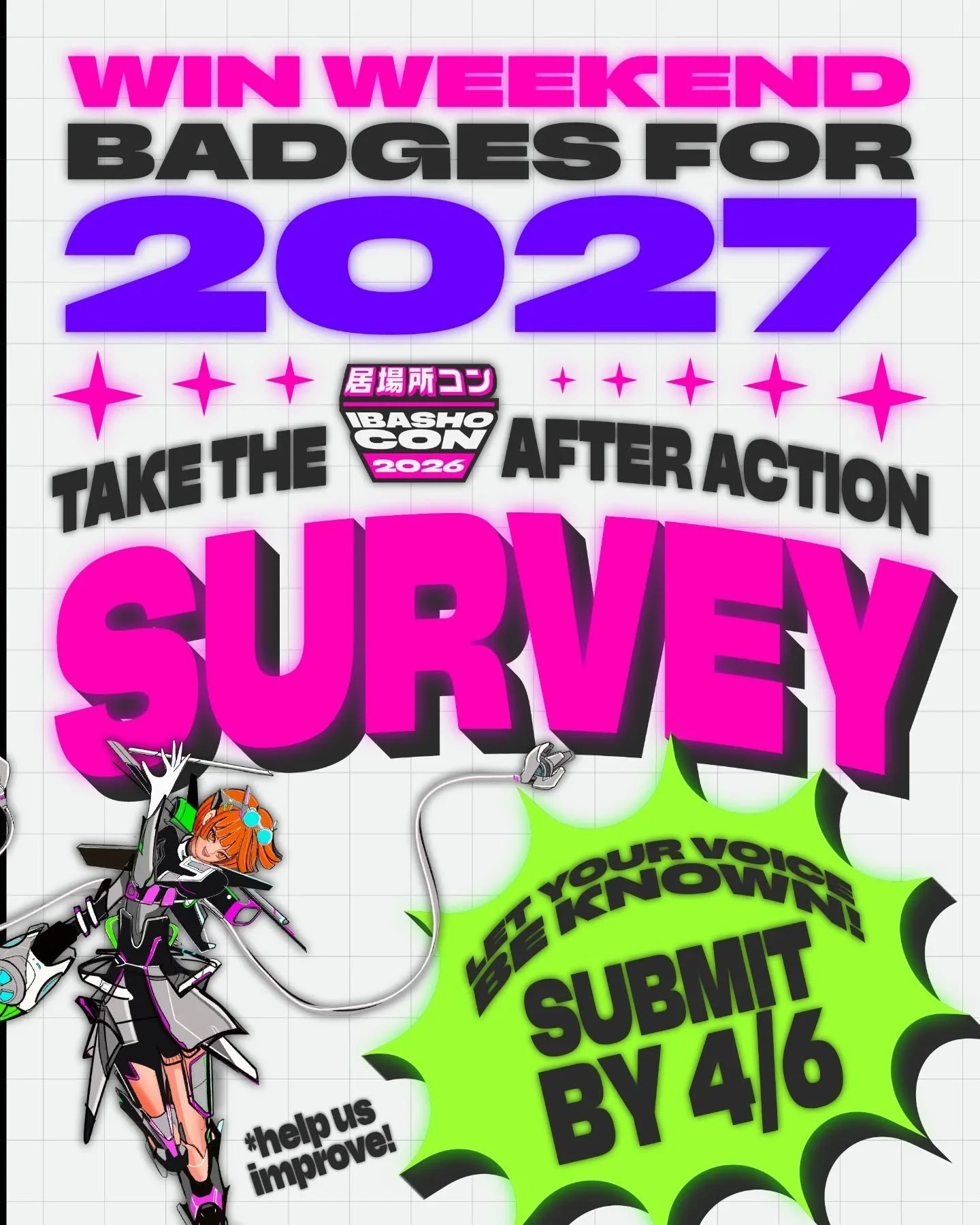 Wanna let us know how we did? Maybe win some free badges to next years con as well?

IbashoCon wants to hear from all of you! What did we do best, how could we improve, and what was your FAVORITE part of our convention! Make sure you get in, because 