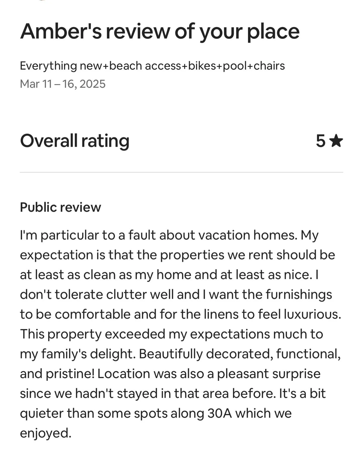 When a self-proclaimed perfectionist calls your place &ldquo;luxurious, functional, and pristine&rdquo; &mdash; you know you&rsquo;re doing something right. ⭐️⭐️⭐️⭐️⭐️

#AirbnbSuperhost #30ARental #LuxuryStay30A #TheBigC30A #TopBeachGetaways #Hampton