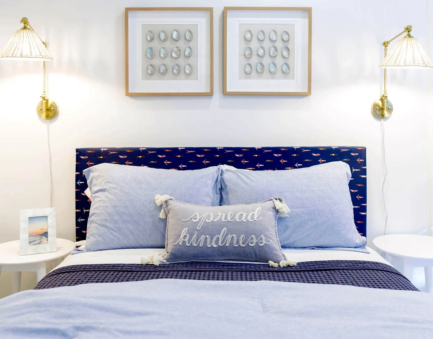 🩵 Spread kindness &mdash; and make the bed pretty while you&rsquo;re at it.  Our guest bedroom at The Big Sea gives all the feel-good vibes: soft chambray blues, cozy textures, and a gentle reminder that kindness (and good design) never go out of st