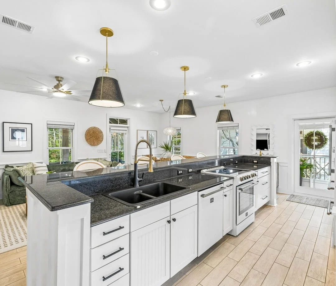 Kitchen island and living room at The Big Sea