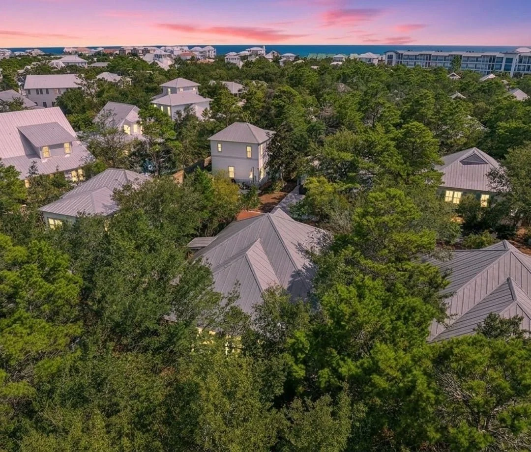 Twilight aerial of Magnolia Cottages by the Sea on 30A