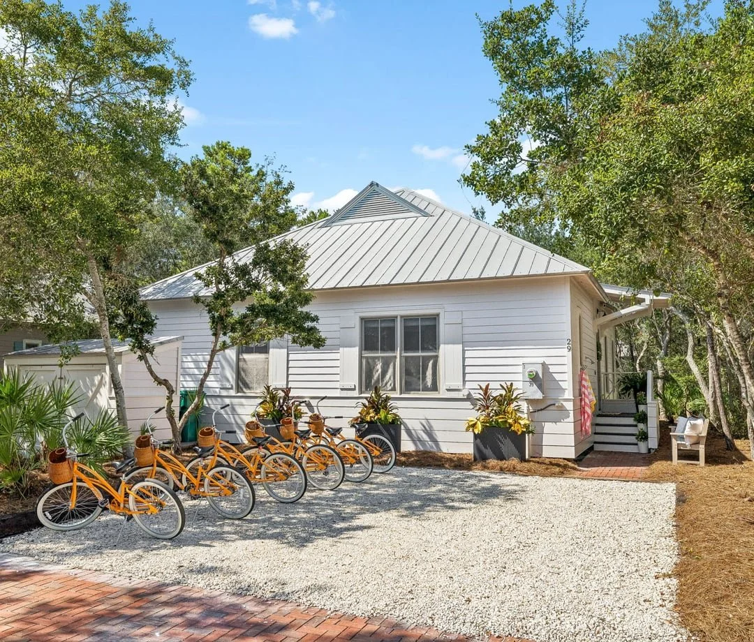 Beach bikes and front entry at The Big Sea, a 30A vacation rental in Seacrest Beach, FL