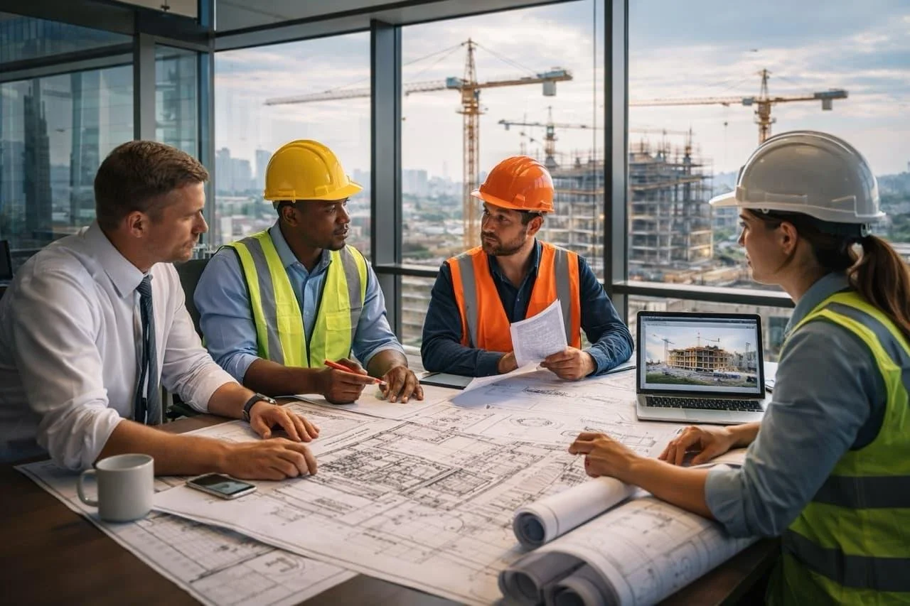 Construction team meeting indoors with blueprints, laptop, and construction site visible through large windows.