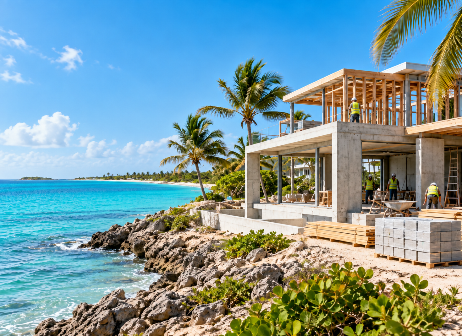 Construction workers building a house on a tropical beach with palm trees, rocky shoreline, and clear blue ocean water.