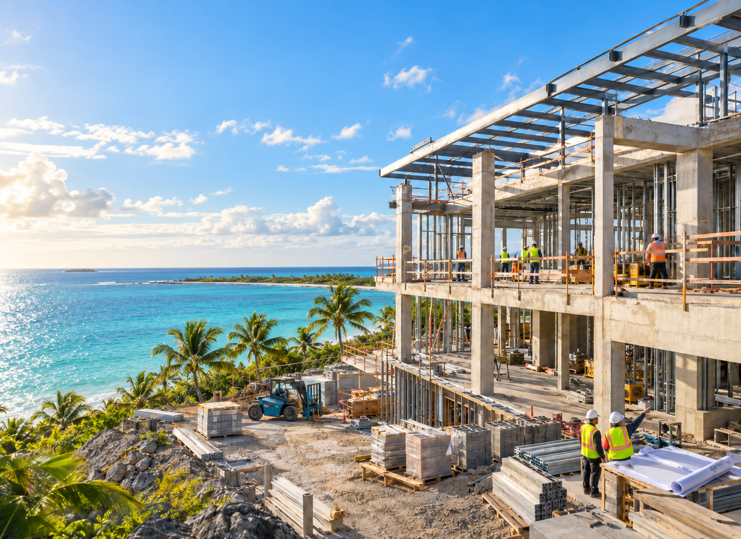 Construction site of a building near the ocean with workers wearing safety vests and helmets, surrounded by construction materials and equipment.