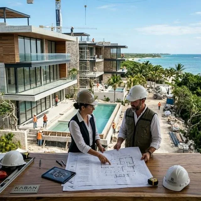 Two construction professionals, a woman and a man, wearing white hard hats, examining blueprints at a construction site for a modern building near the beach. In the background, there are multiple levels of the building under construction, a swimming pool, palm trees, and the ocean.