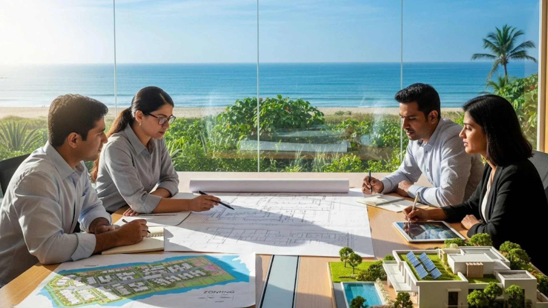 Group of four diverse professionals in casual business attire sitting at a table during a meeting, reviewing architectural plans and a 3D model of a development project, with large windows overlooking a beach and ocean in the background.