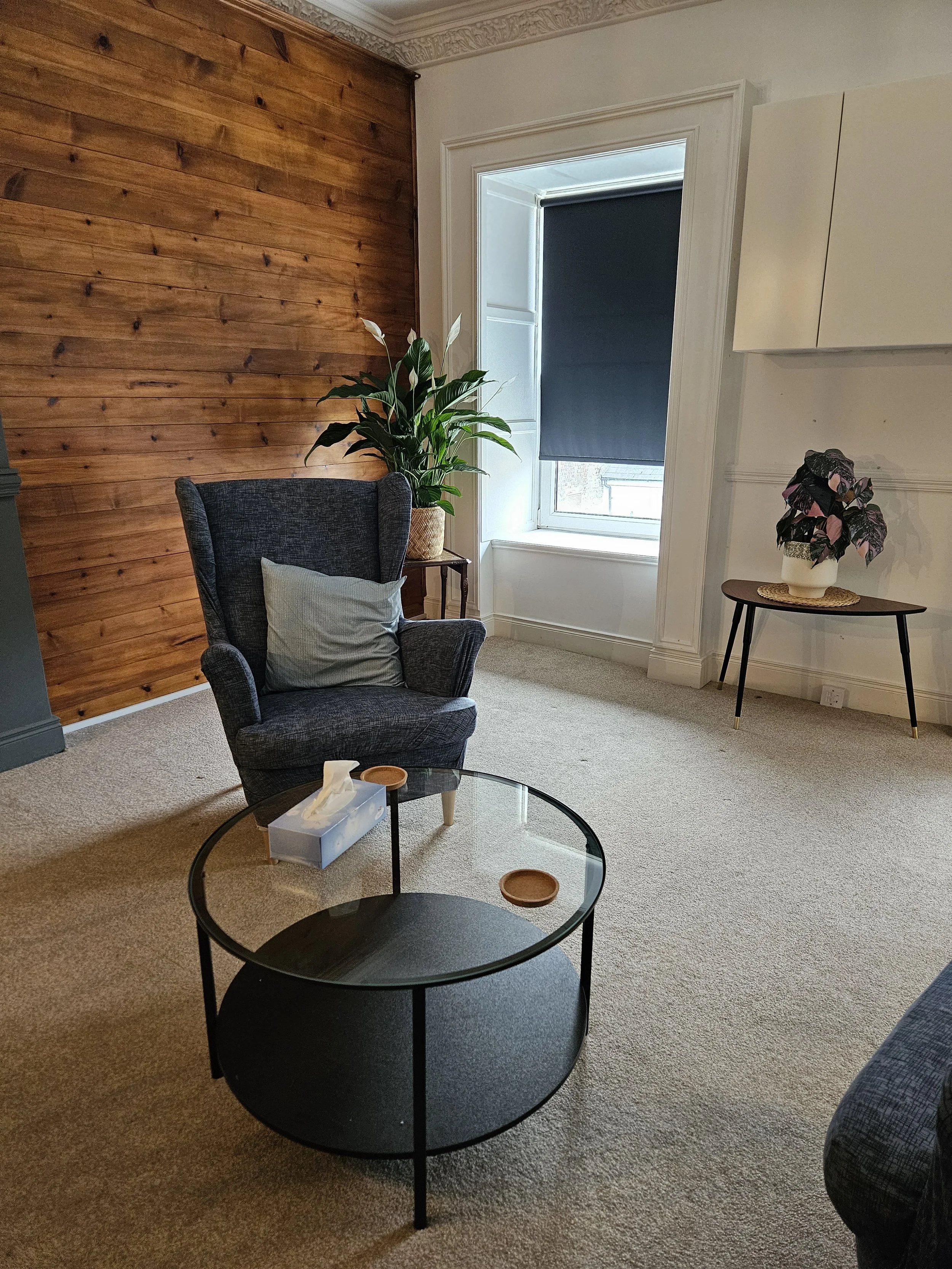 Interior view of a living room with beige carpet, a black round coffee table with tissue box and coasters, an armchair with pillow, a wooden wall, a large window with black blind, potted plants, and white walls with crown molding.