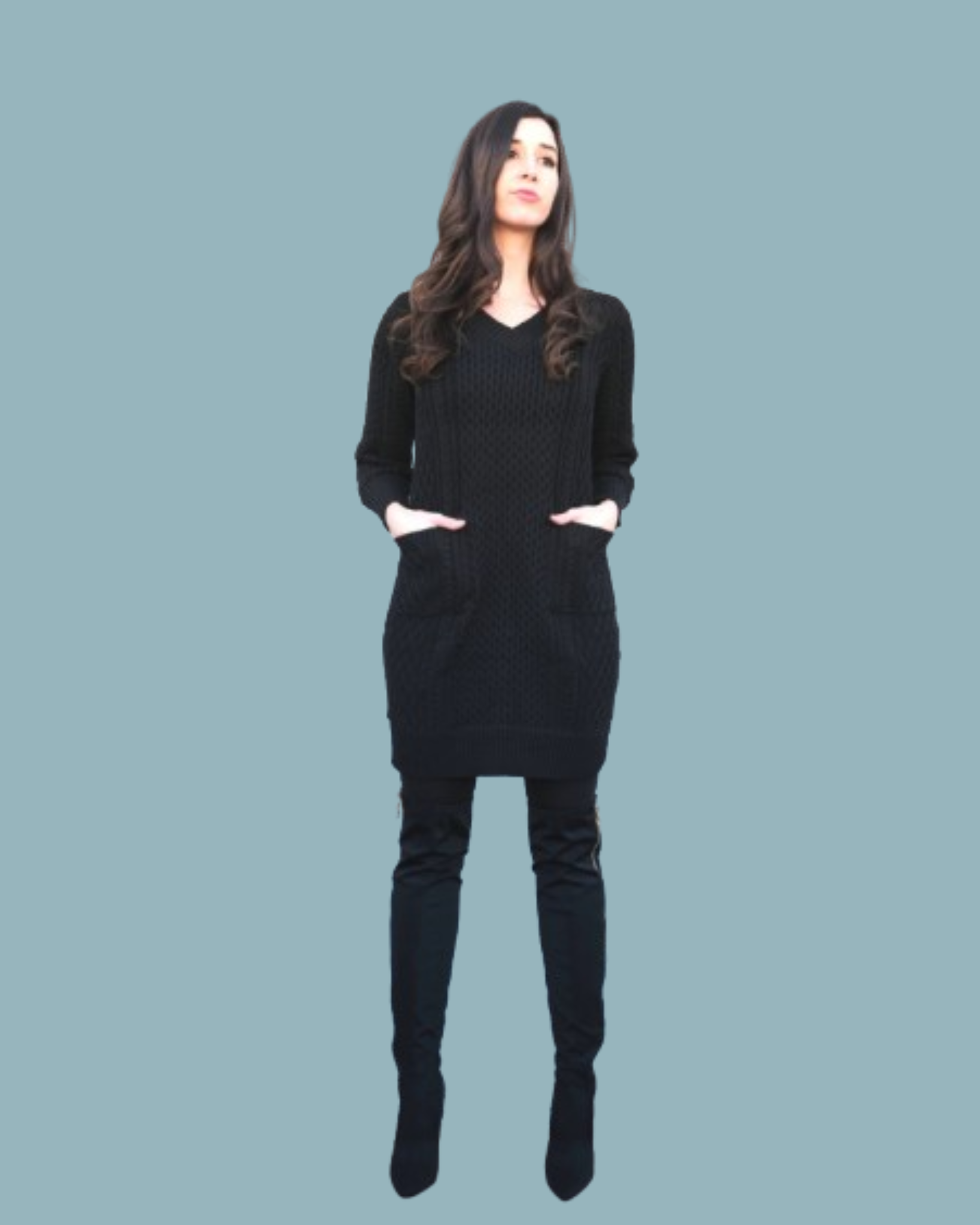 FOLDOVER V-NECK CABLED DRESS WITH POCKETS .png
