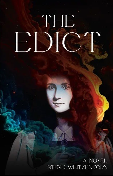 Book cover for 'The Edict' by Steve Weitzenkorn, featuring a woman's face merging with colorful swirling clouds and a starry background.