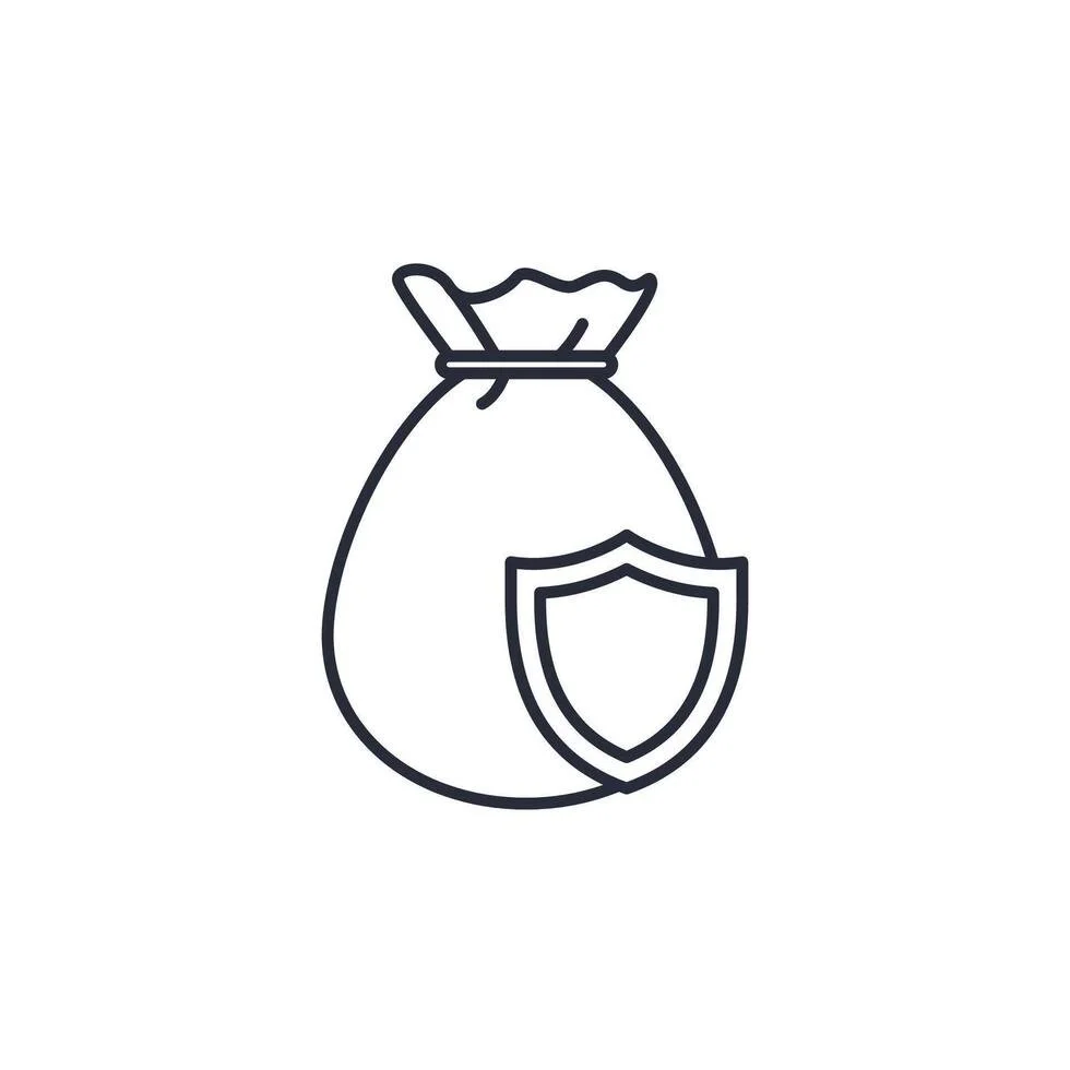 Line drawing of a money bag with a shield emblem in front of it.