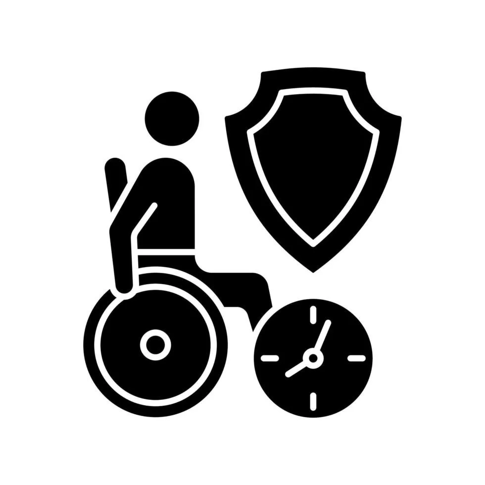 Icon of a person in a wheelchair with a shield and clock symbols.