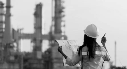 A female engineer wearing a hard hat holding a blueprint at an industrial site with machinery in the background.