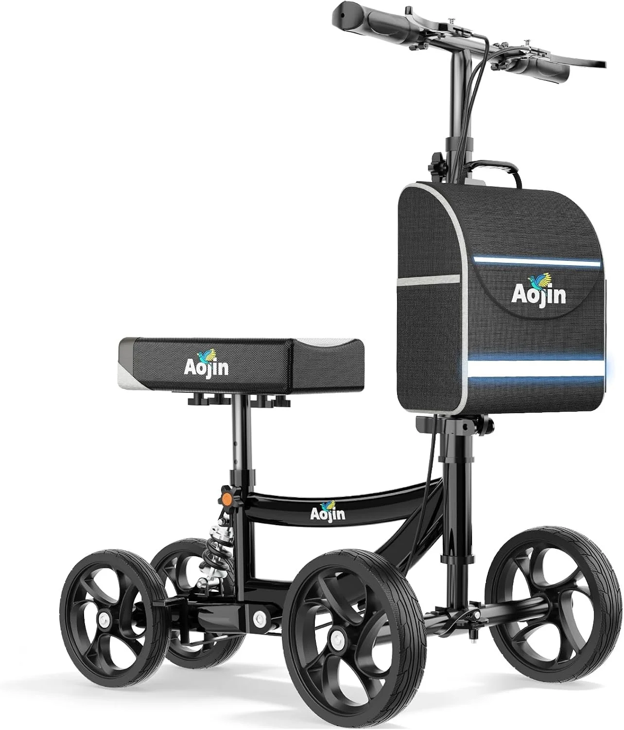 A black knee walker with the brand name Aojin logo on the seat and the backpack. The knee walker has four large wheels and a handlebar for steering.