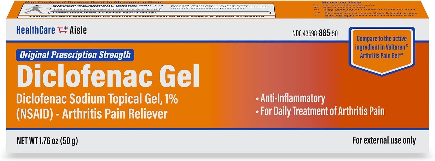 Front of a box of Diclofenac Gel 1% for topical use, with orange, blue, and white packaging, indicating it is an arthritis pain reliever, anti-inflammatory, for external use only, 50 grams.