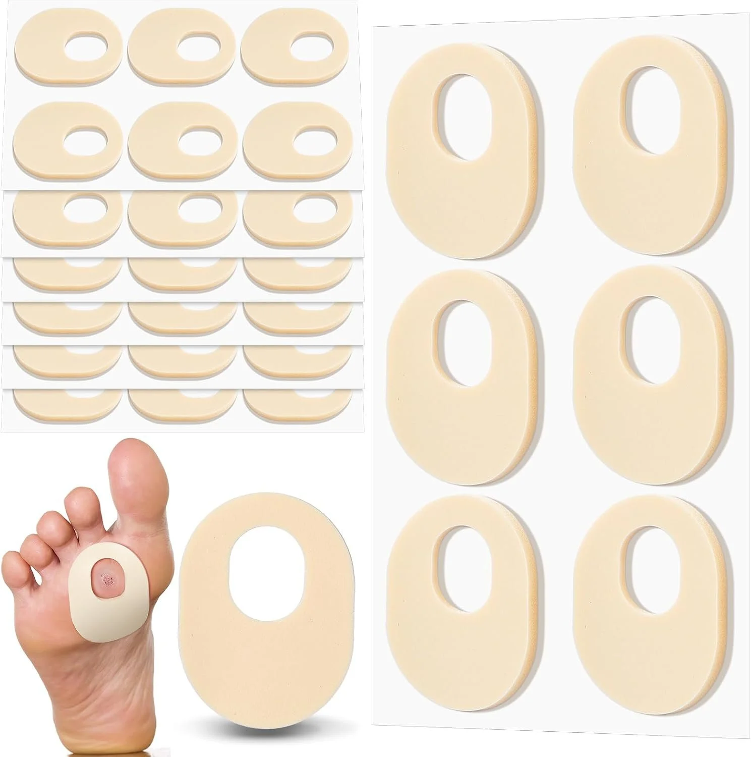 Multiple white adhesive circular corn/callus pads with a central hole, arranged in rows, with a close-up of a foot wearing one pad and larger pads next to the foot.