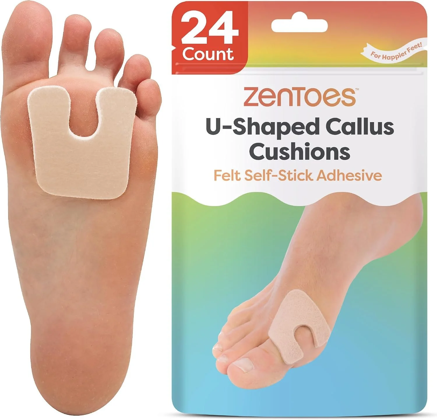Package of 24 Zentoes U-Shaped Callus Cushions with a displayed callus cushion on a person's toe.