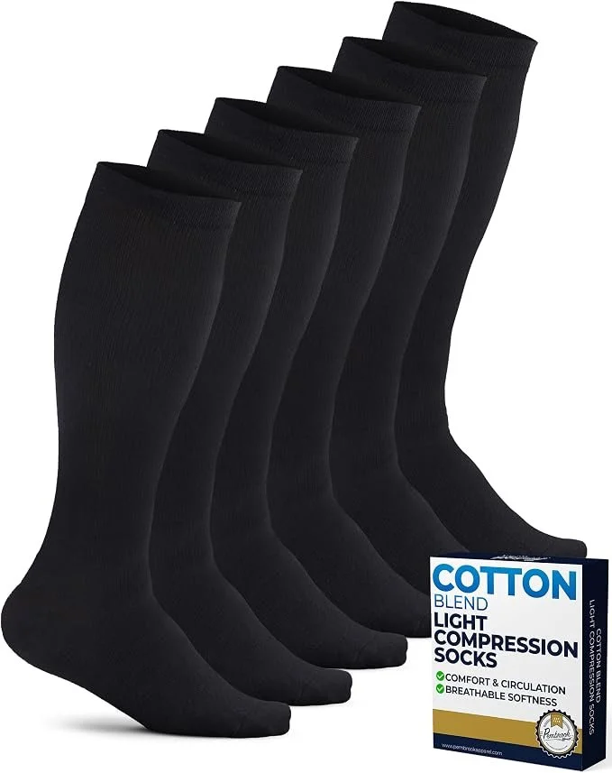 Five pairs of black cotton blend light compression socks and a box labeled 'Cotton Blend Light Compression Socks'.