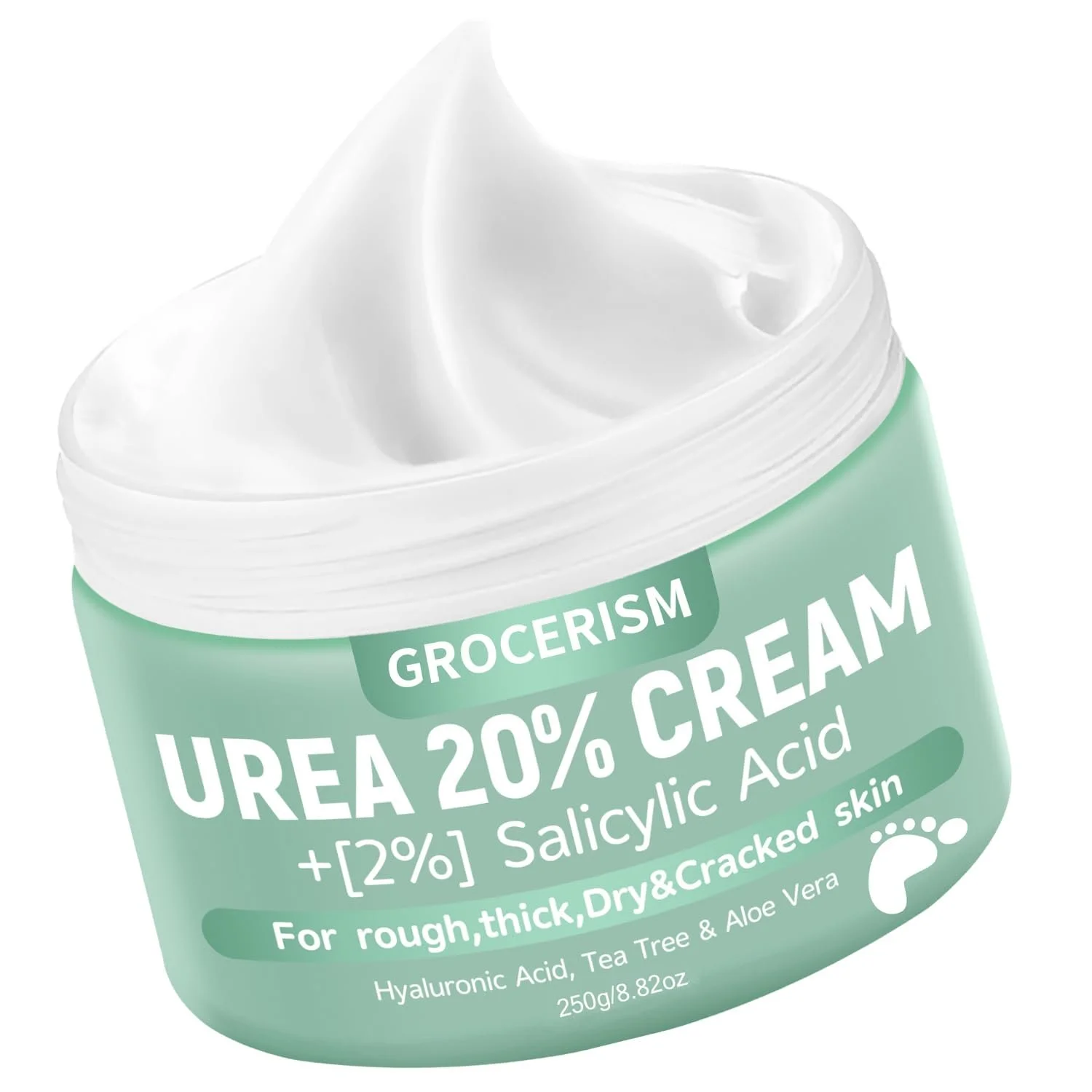 A jar of skincare cream labeled 'GROCERISM UREA 20% CREAM' with ingredients including Urea, Salicylic Acid, Hyaluronic Acid, Tea Tree, and Aloe Vera, suitable for rough, thick, dry, cracked skin.