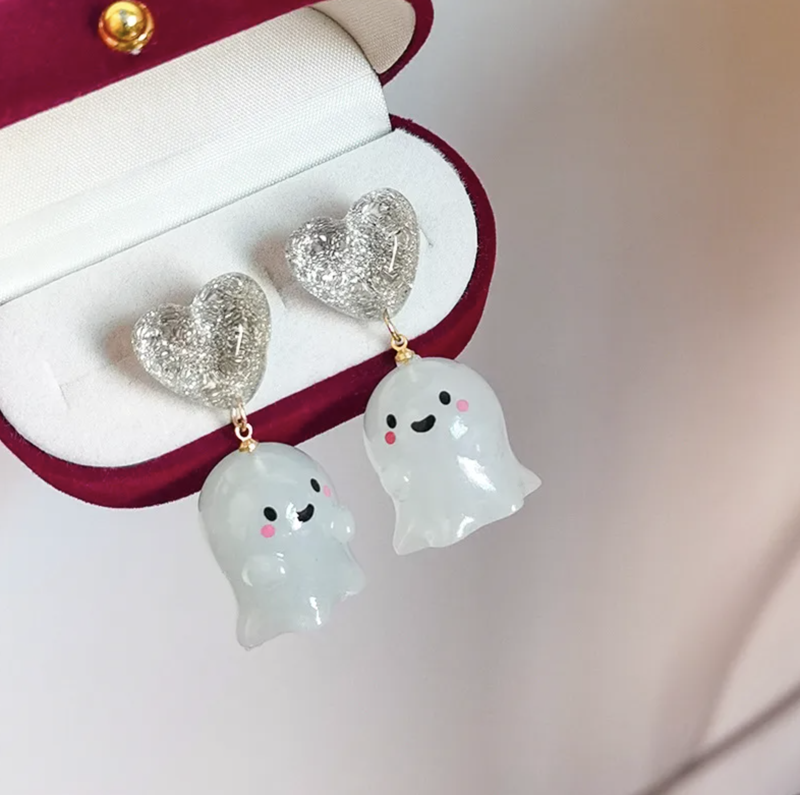 Ghostly Clip on Heart Earrings