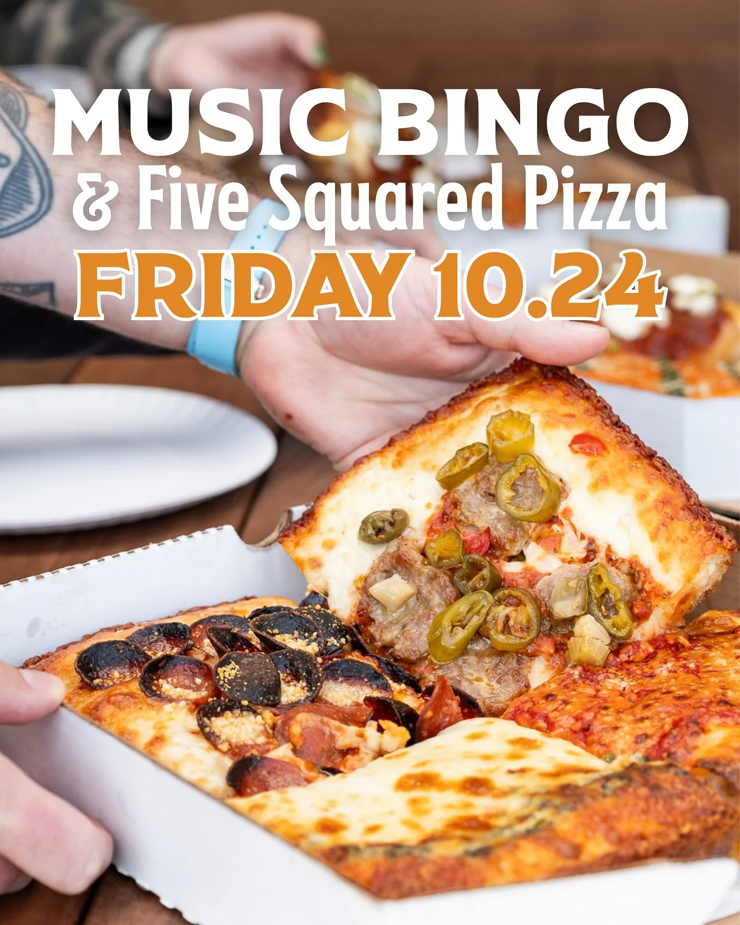 Join us for Music Bingo and Five Squared Pizza this Friday, October 24th! 🎵🍕🎶