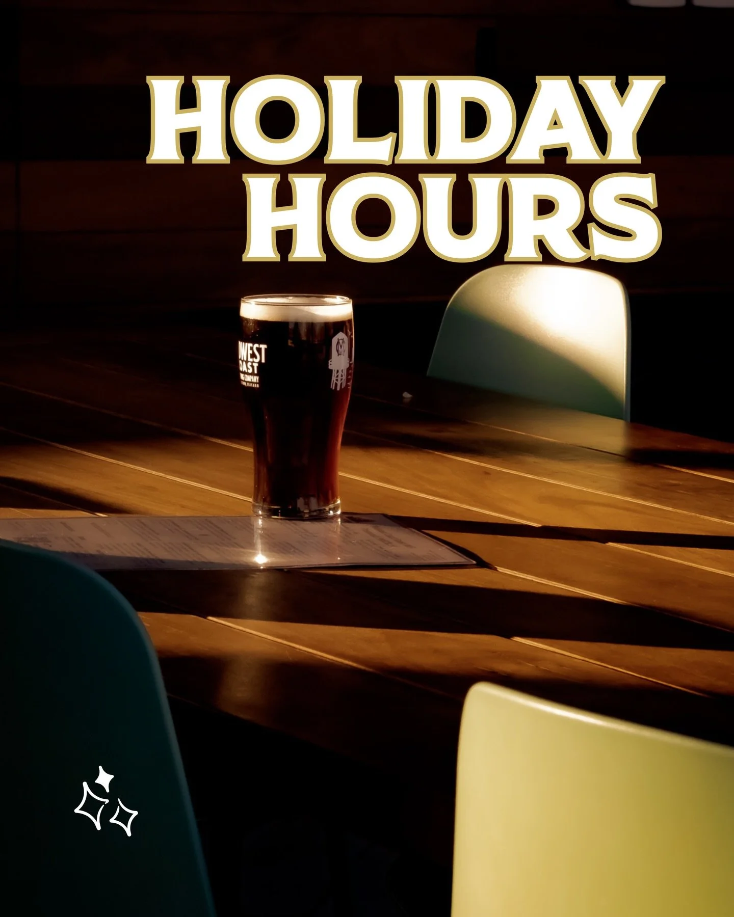 ❄️&nbsp;HOLIDAY HOURS ❄️

Wednesday 12/24: Closed for Christmas Eve
Thursday 12/25: Closed for Christmas
Wednesday 12/31: Open 12 PM - 7 PM
Thursday 1/1: Open 12 PM - 10 PM