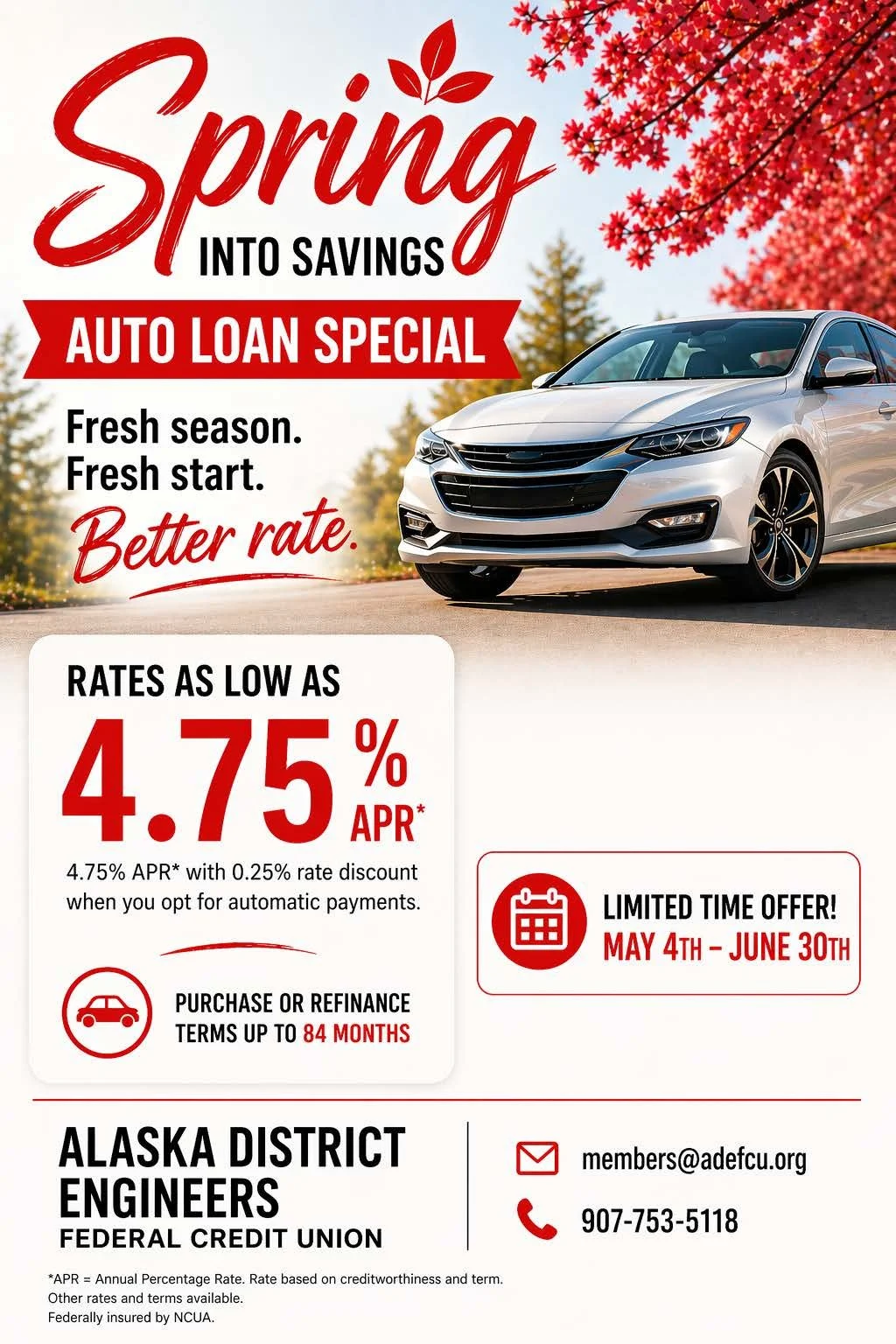 A car advertisement with a silver sedan parked on a road with fall foliage in the background. The text promotes a spring auto loan special with rates as low as 4.75% APR, valid from May 4th to June 30th, offered by Alaska District Engineers Federal Credit Union.