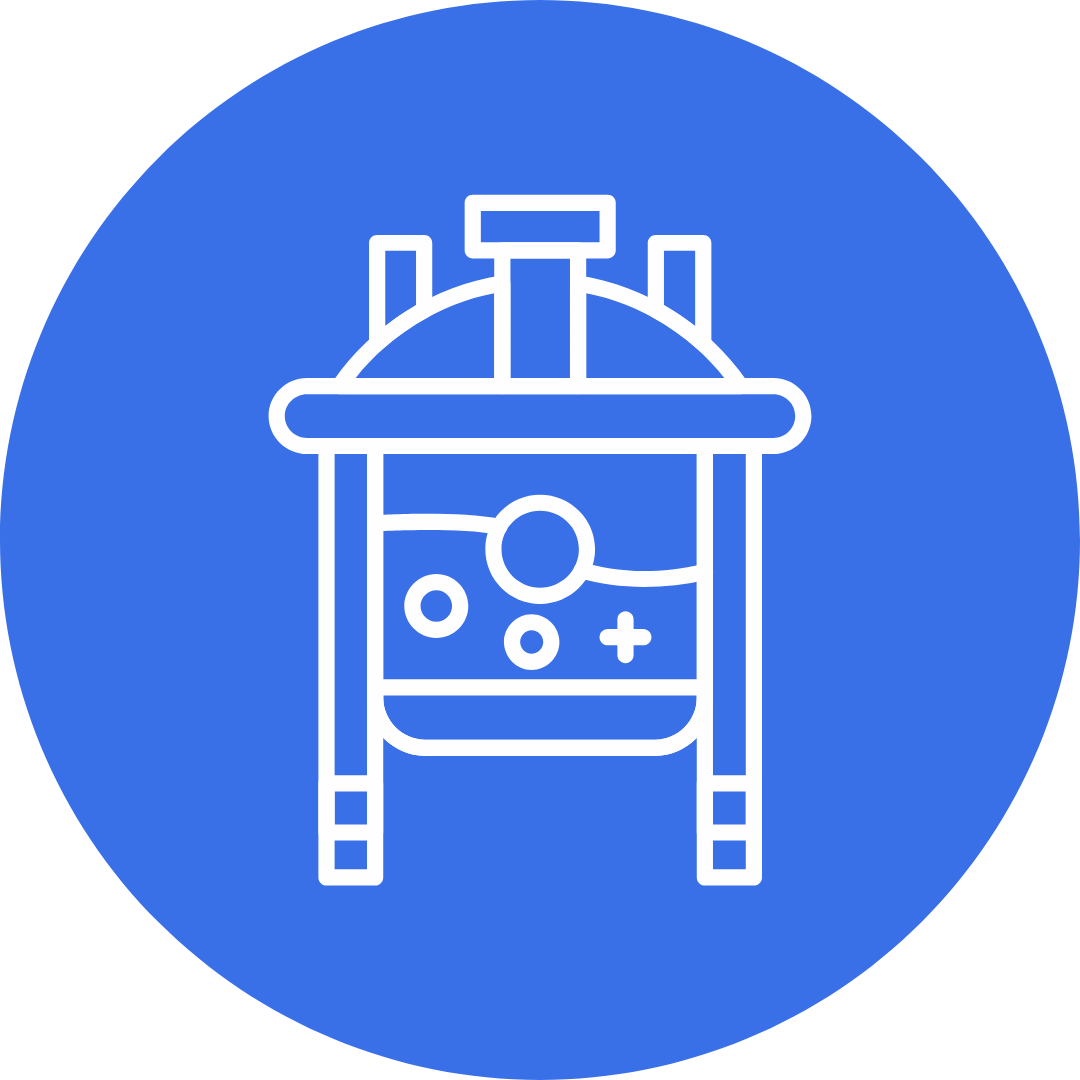 Icon of a bioreactor with media and cell culture inside, depicted with white outline on a blue circular background.