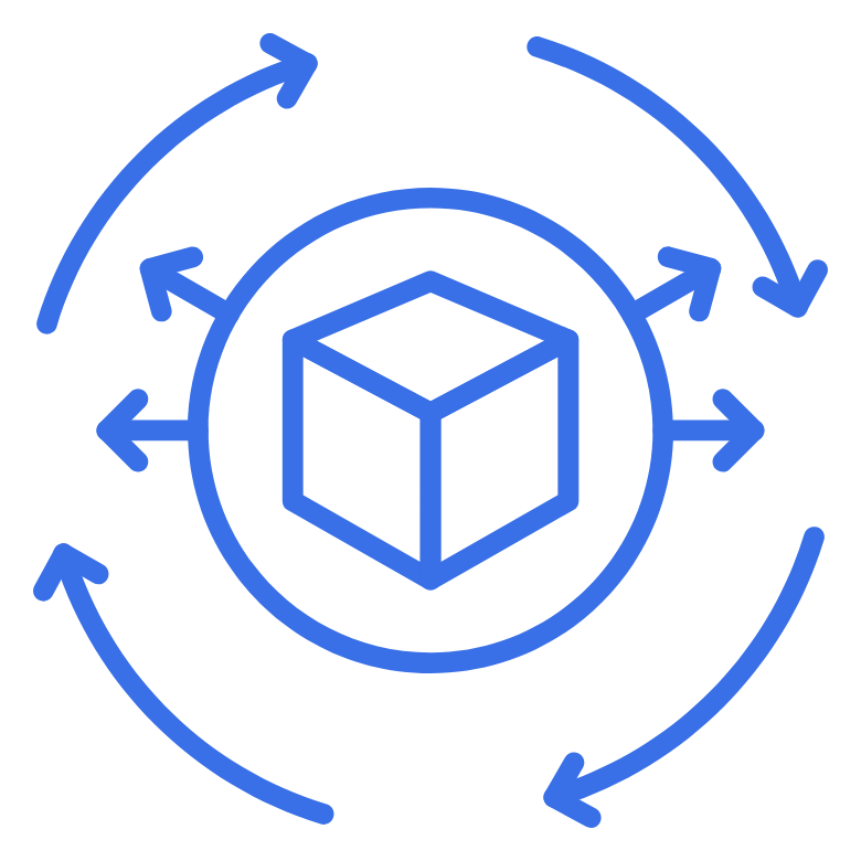 A blue line drawing of a 3D cube surrounded by circular arrows indicating rotation or movement to indicate scalability.