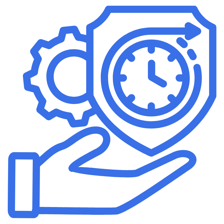 Line drawing of a hand holding a shield with a clock, gear, and clock symbols on it, representing security or protection related to time or systems to indicate future-proofing.