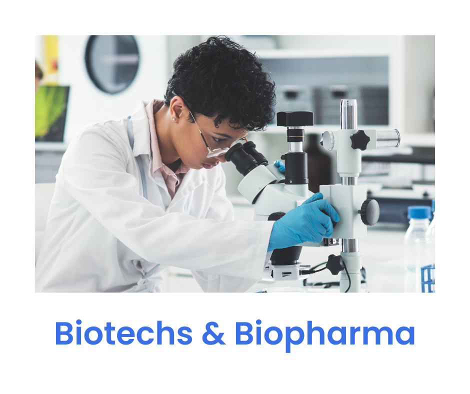 A scientist examining samples through a microscope in a laboratory with the text 'Biotechs & Biopharma' at the bottom.