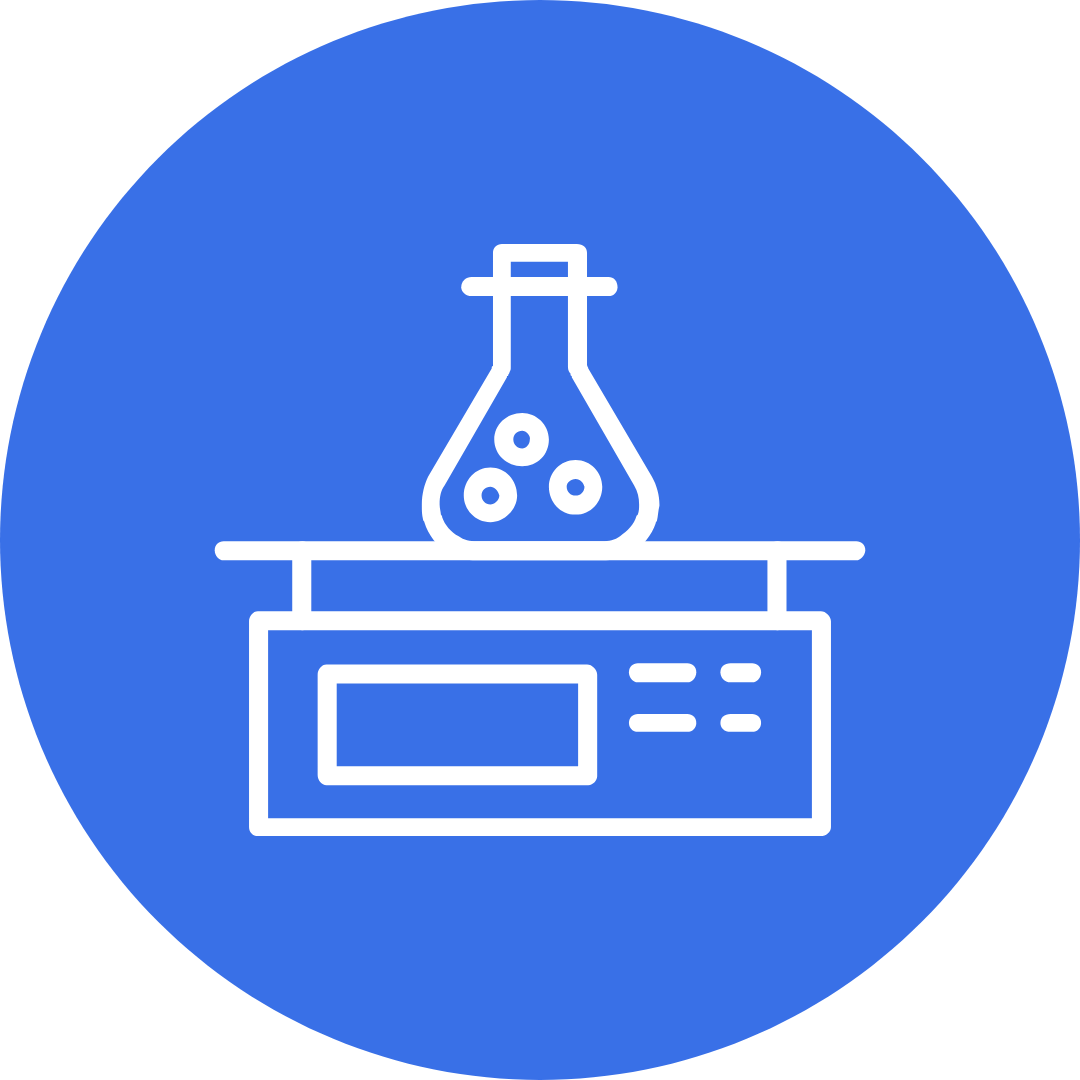 Icon of a laboratory flask with bubbles on a shaker, all inside a blue circle.