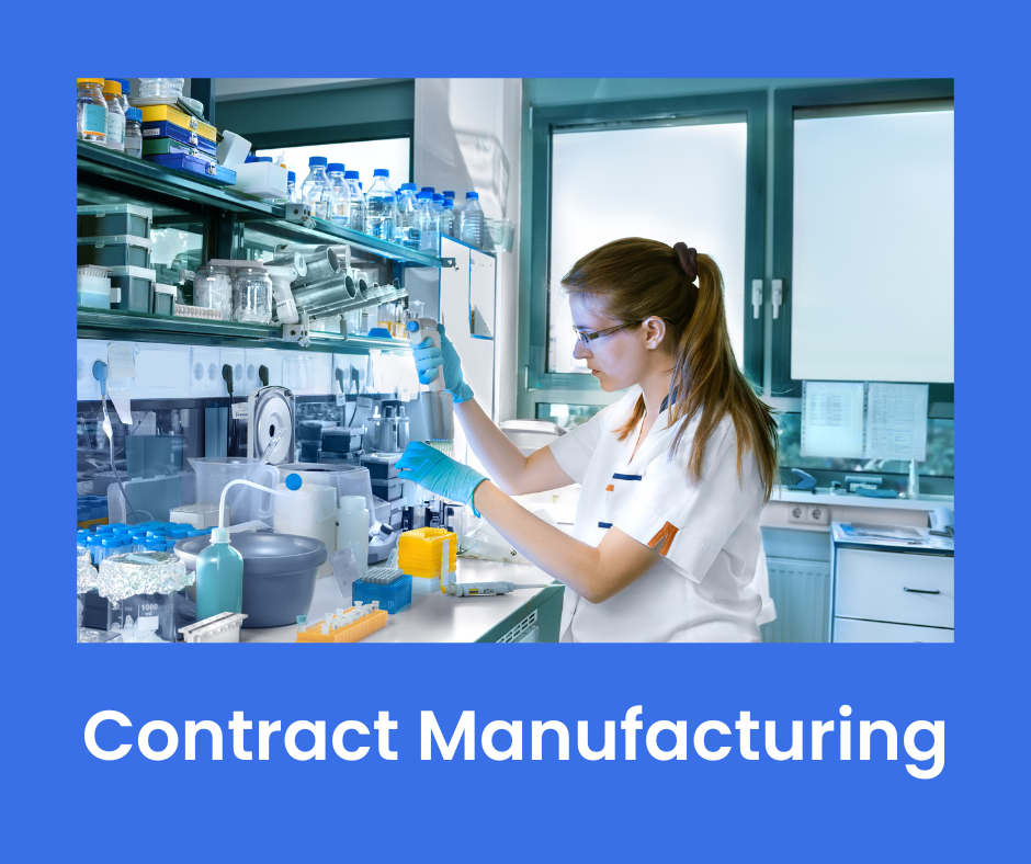 A scientist working in a laboratory with various equipment and chemicals, wearing safety glasses and gloves. Represents contract manufacturing.