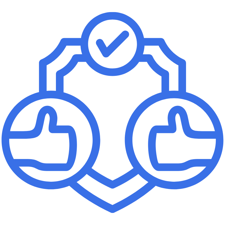 A blue icon featuring a shield with a checkmark at the top center, and two thumbs-up symbols on either side, representing approval or security to indicate reliability.