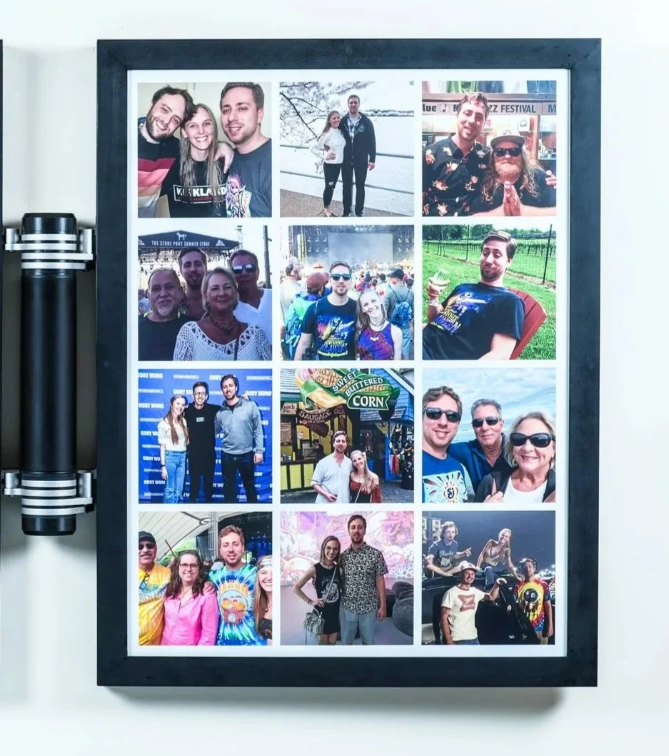 A framed collage of twelve photographs featuring various groups of people, mostly smiling and enjoying different outdoor and indoor events.