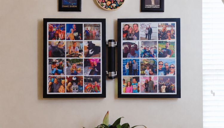 The FrameFolio panels flipped open displaying photos, posters and cards