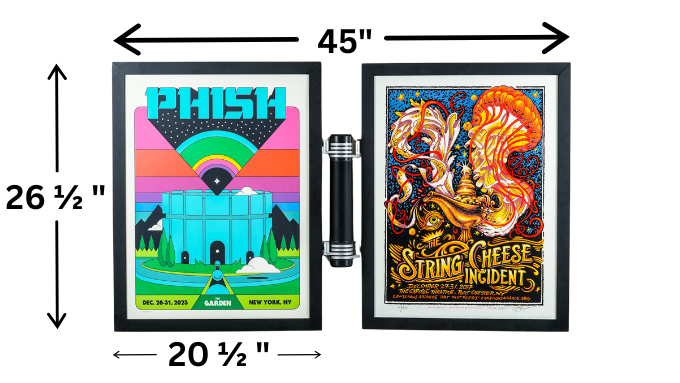 Two framed posters with a black flashlight between them; dimensions are 45 inches wide and 26.5 inches tall.