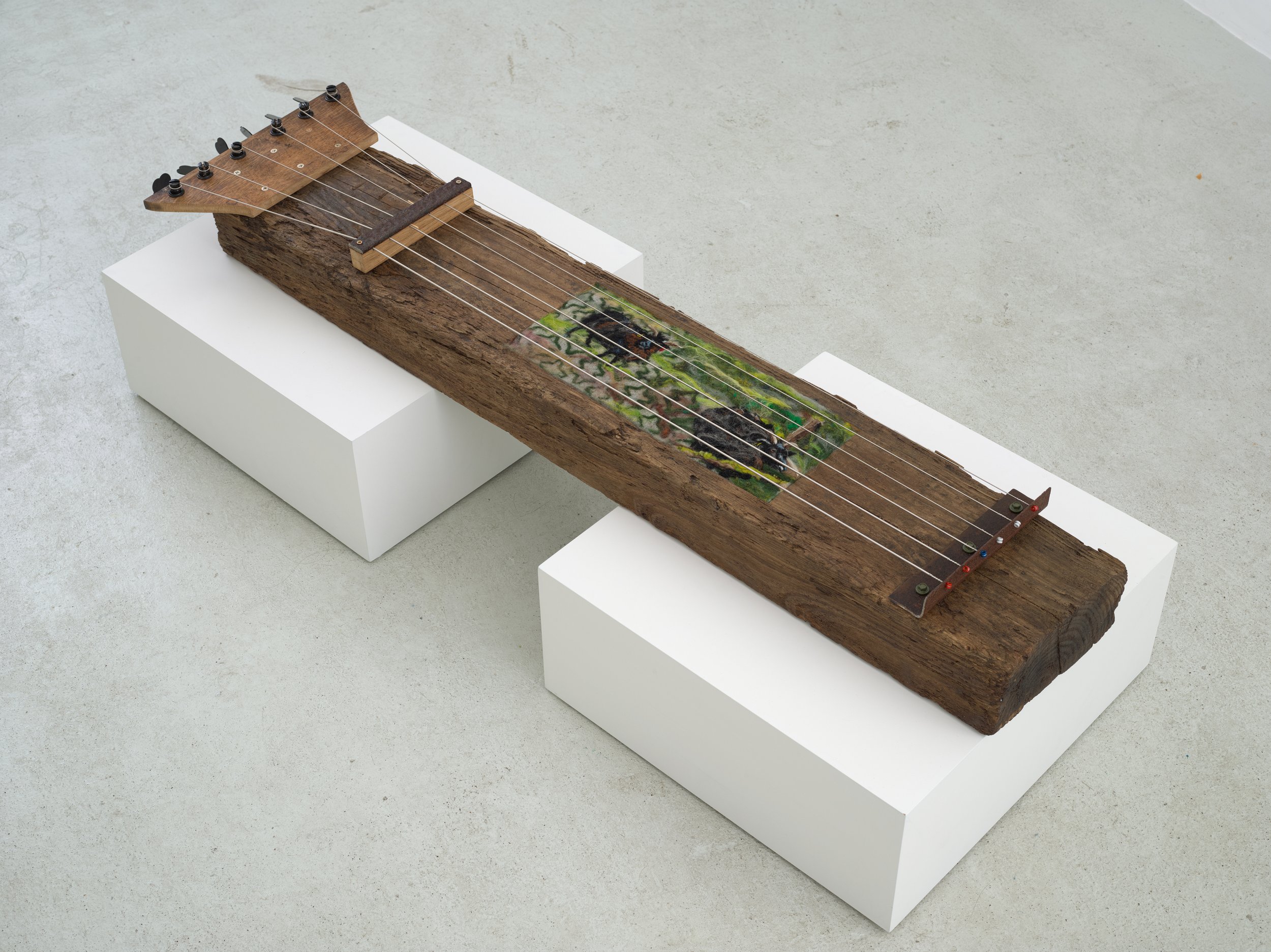 Muckhart Mill Instrument
Found mill wood, granny table, steel, bass strings, needle felted wool on industrial felt
57 x 14 x 6.7 in
2026