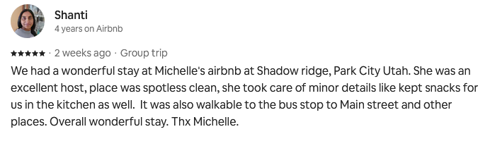 Screenshot of a positive Airbnb review for Michelle in Park City, Utah.