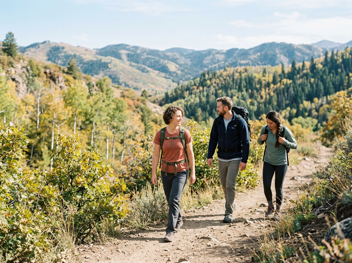 Three hikers walking on a dirt trail through a mountainous landscape with green and yellow trees, blue sky, and distant mountain peaks.