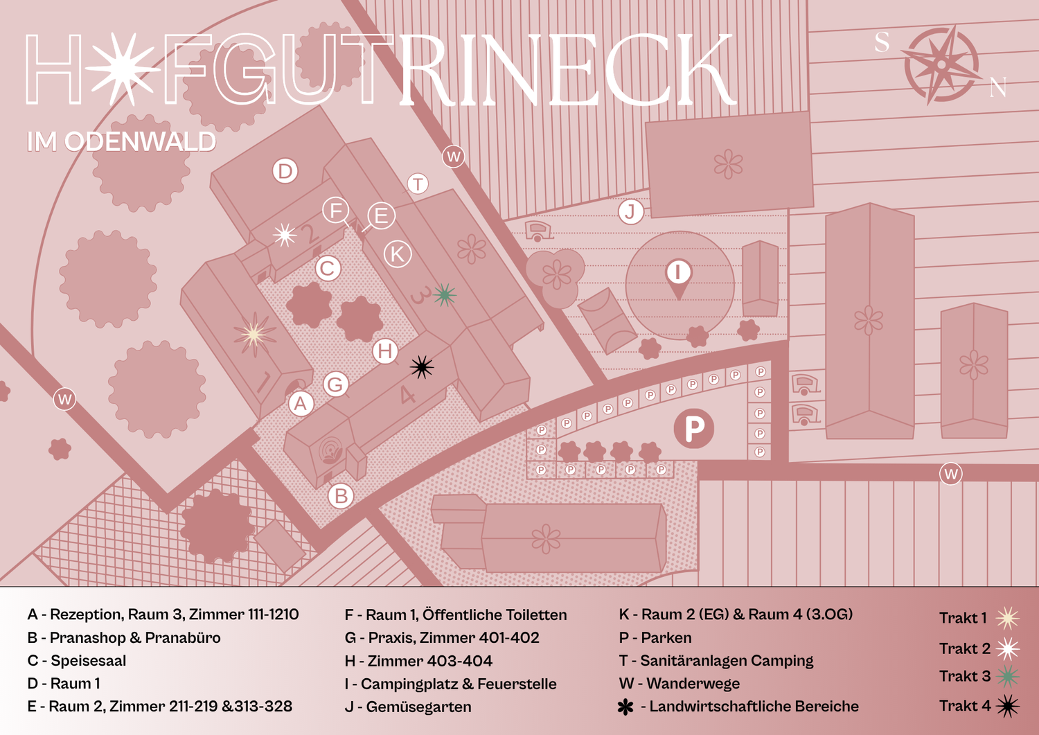 Lageplan von Hofgut Rineck mit Rezeption, Seminarräumen, Speisesaal, Campingplatz und Parkplätzen