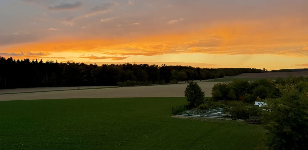 Sonnenuntergang über den Bioland-Feldern von Hofgut Rineck im Odenwald