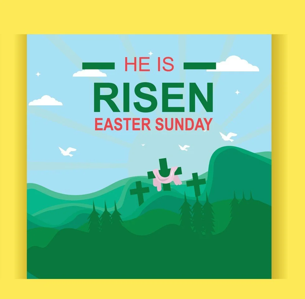 Picture of 3 crosses one draped with a shroud and the words He Is Risen Easter Sunday on a blue and yellow background