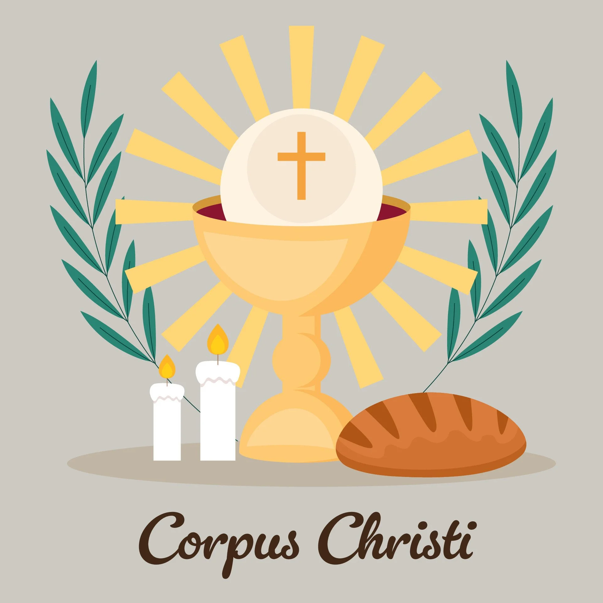 Picture of wine goblet with bread and candles, and the words Corpus Christ