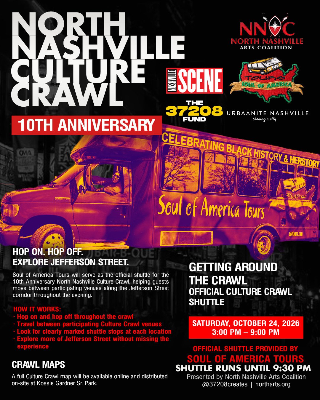 Getting around the 10th Anniversary North Nashville Culture Crawl is part of the experience! 🚌

Soul of America Tours will serve as our official Culture Crawl shuttle, helping guests move between participating venues along the Jefferson Street corri