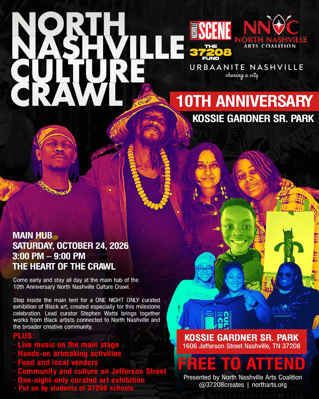 We&rsquo;re kicking off our look at what&rsquo;s happening throughout the 10th Anniversary North Nashville Culture Crawl with the heart of the Crawl: Kossie Gardner Sr. Park! 

From 3 PM to 9 PM, the park will serve as our Main Hub, bringing together